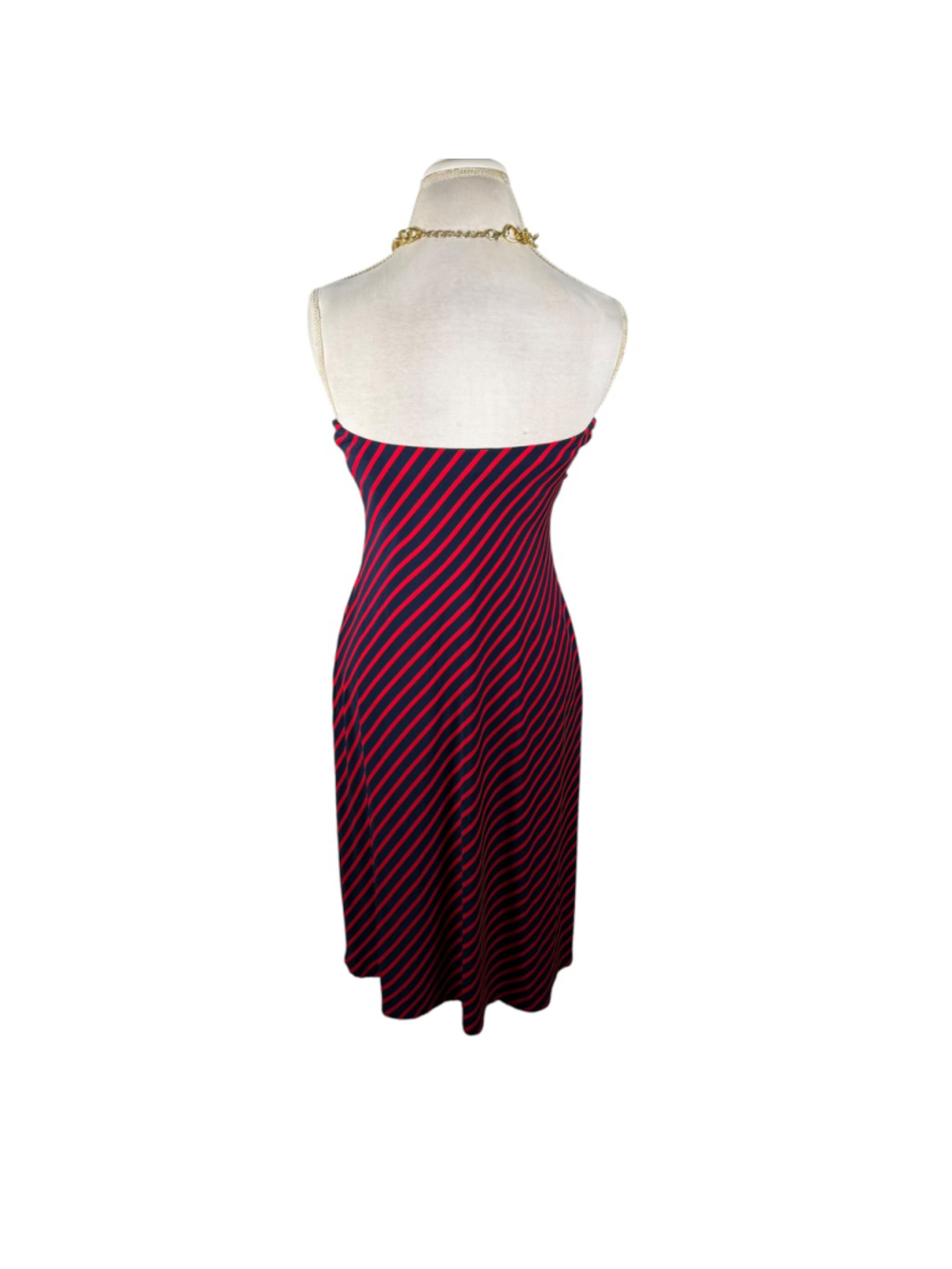 Ralph Lauren Stripe Halter Dress Navy Red Gold Chain Preppy Cocktail Maxi Size 6 - Picture 7 of 9